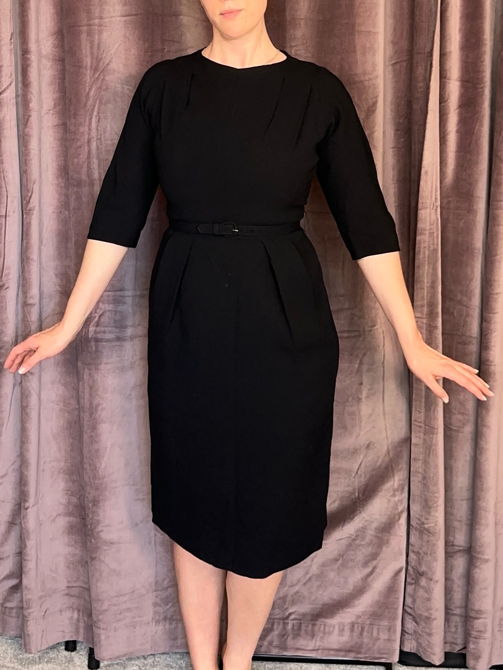 Vintage 1950’s Black Slim Fit Belted Topaz Original Designer Cocktail Dress